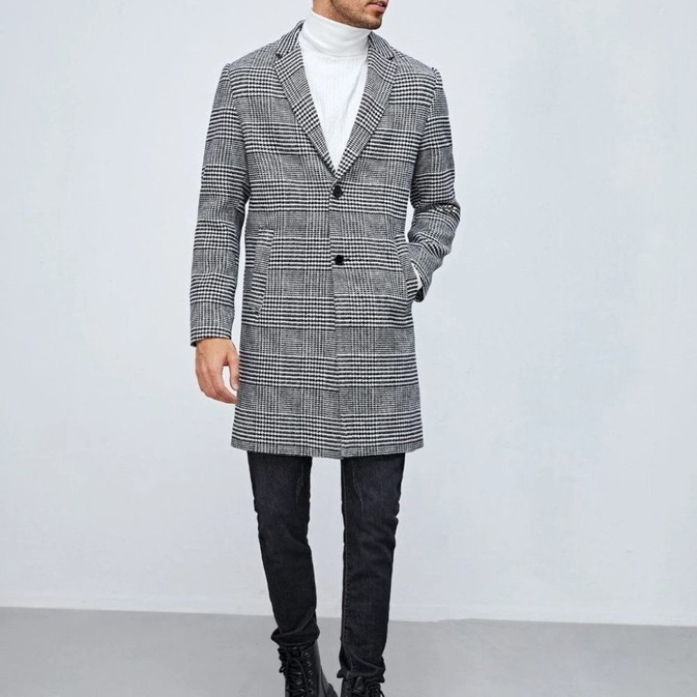 Neck overcoat with houndstooth pattern lapel - Picture 5 of 6